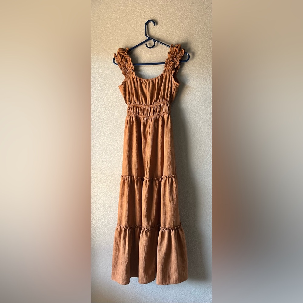 Pie In The Sky Elegant Tan Sleeveless Maxi Dress Sz S Ruffle Cottage Core Chic - Picture 4 of 6